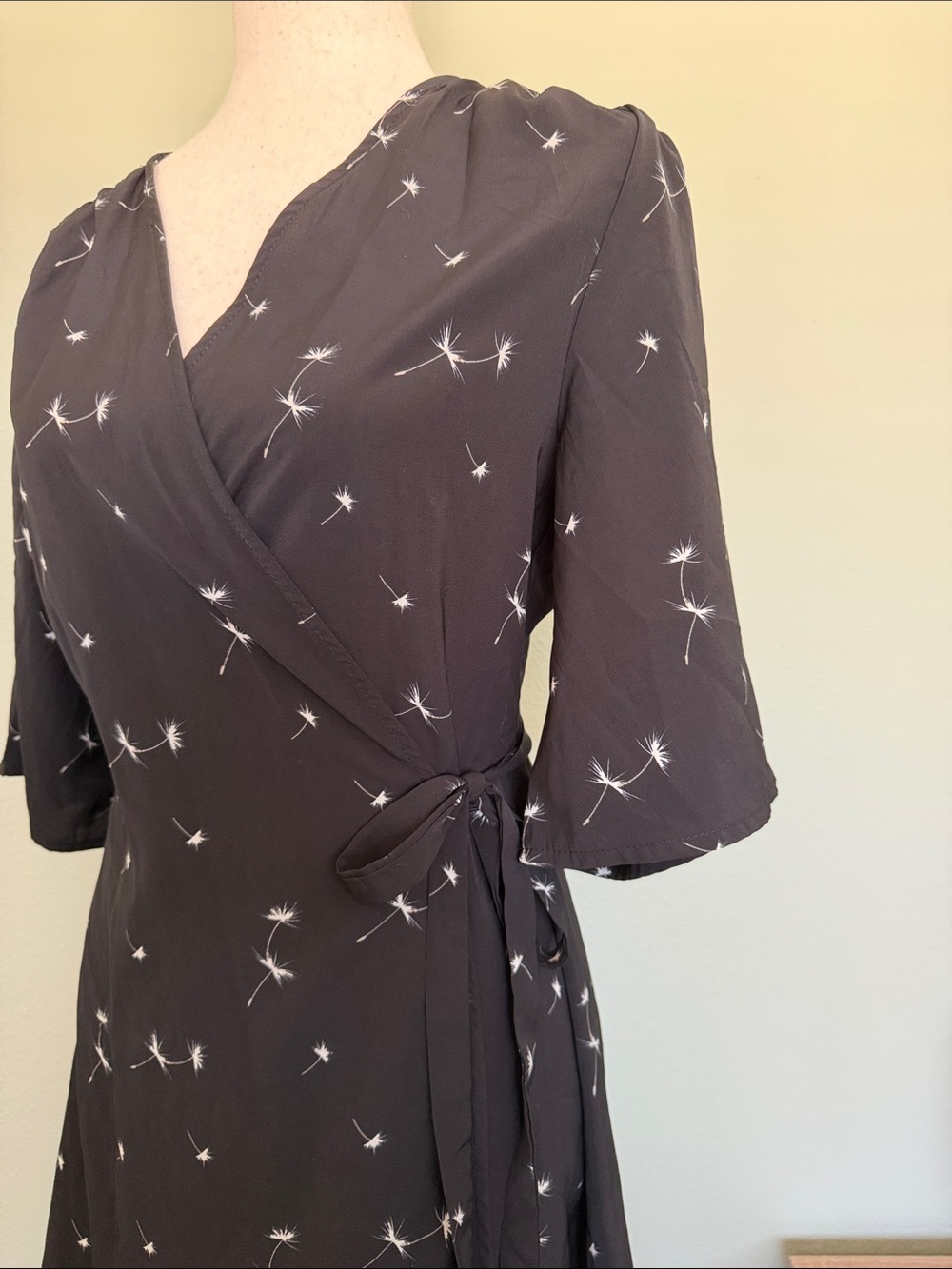 Disturbia Black Wrap Midi Dress with White Dandelion Motif - Picture 3 of 8